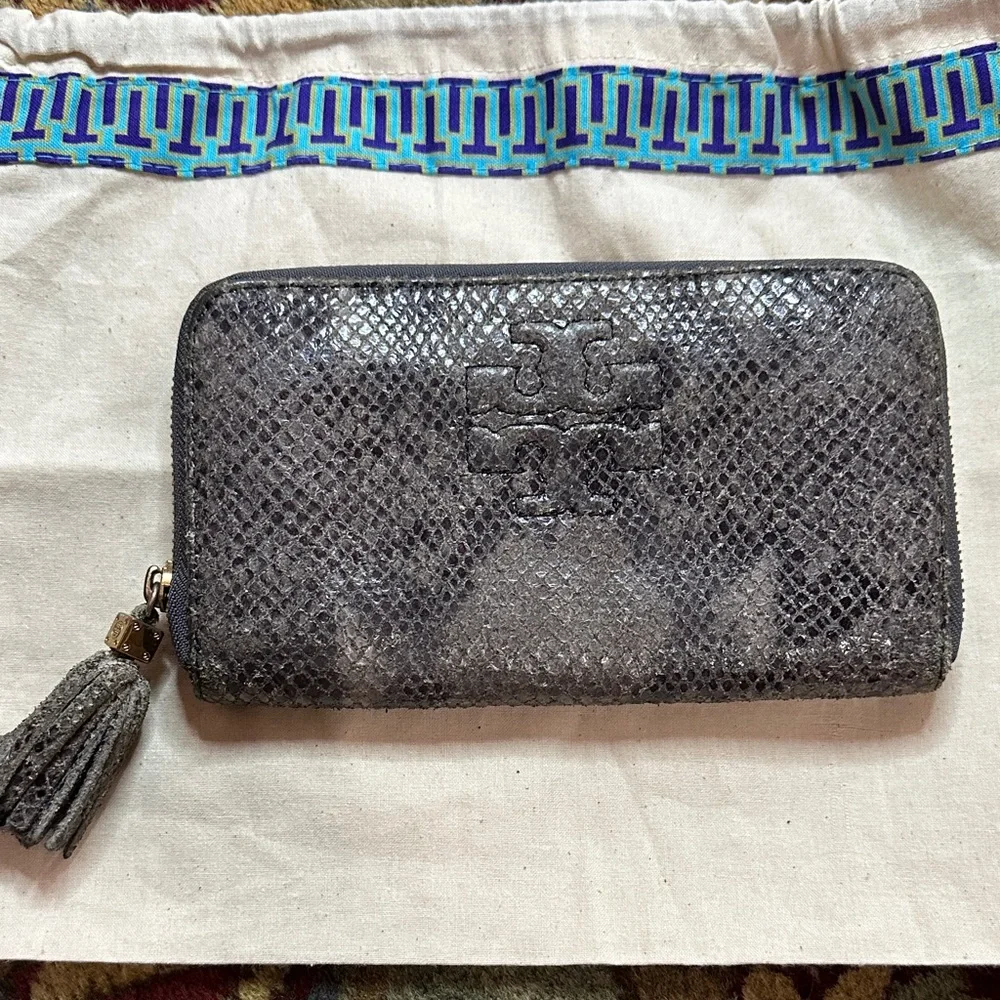 Tory Burch Charcoal Snake Print Wallet with New Tory Burch Dustbag